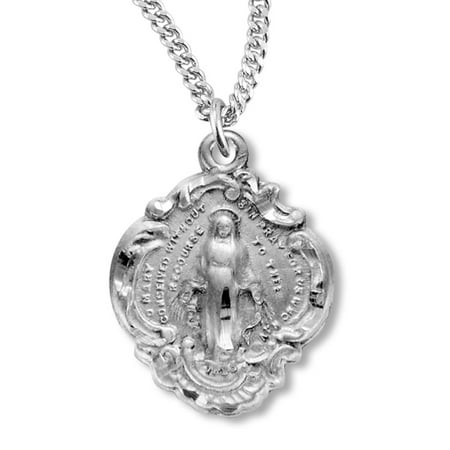 Girl's Sterling Silver Baroque Style Miraculous Medal Necklace + 20" Sterling Silver Chain & Clasp