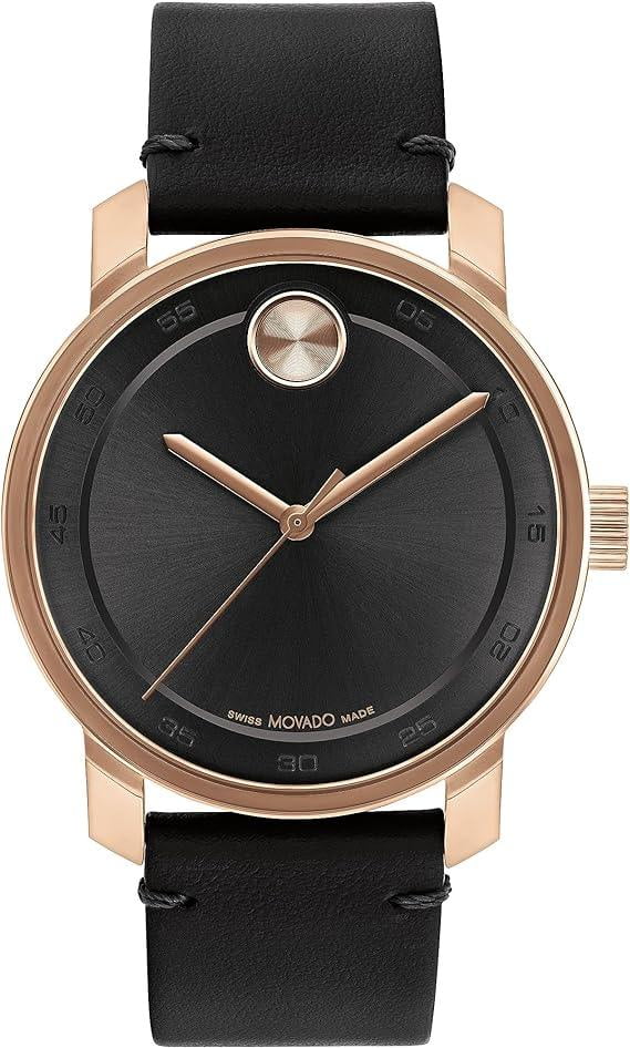Movado Bold Quartz Black Dial Black Leather Men's Watch