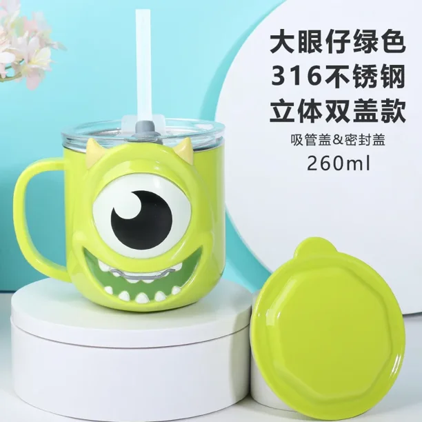 Taza de Disney para niños, vaso de paja con tapa doble, dibujos animados en 3D, Mickey, Minnie, Mouse, Stitch, Frozen, princesa Elsa, 260ml