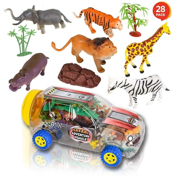 Safari Animal Figurine Toys Set in Clear Vehicle Storage Case Mini Zoo