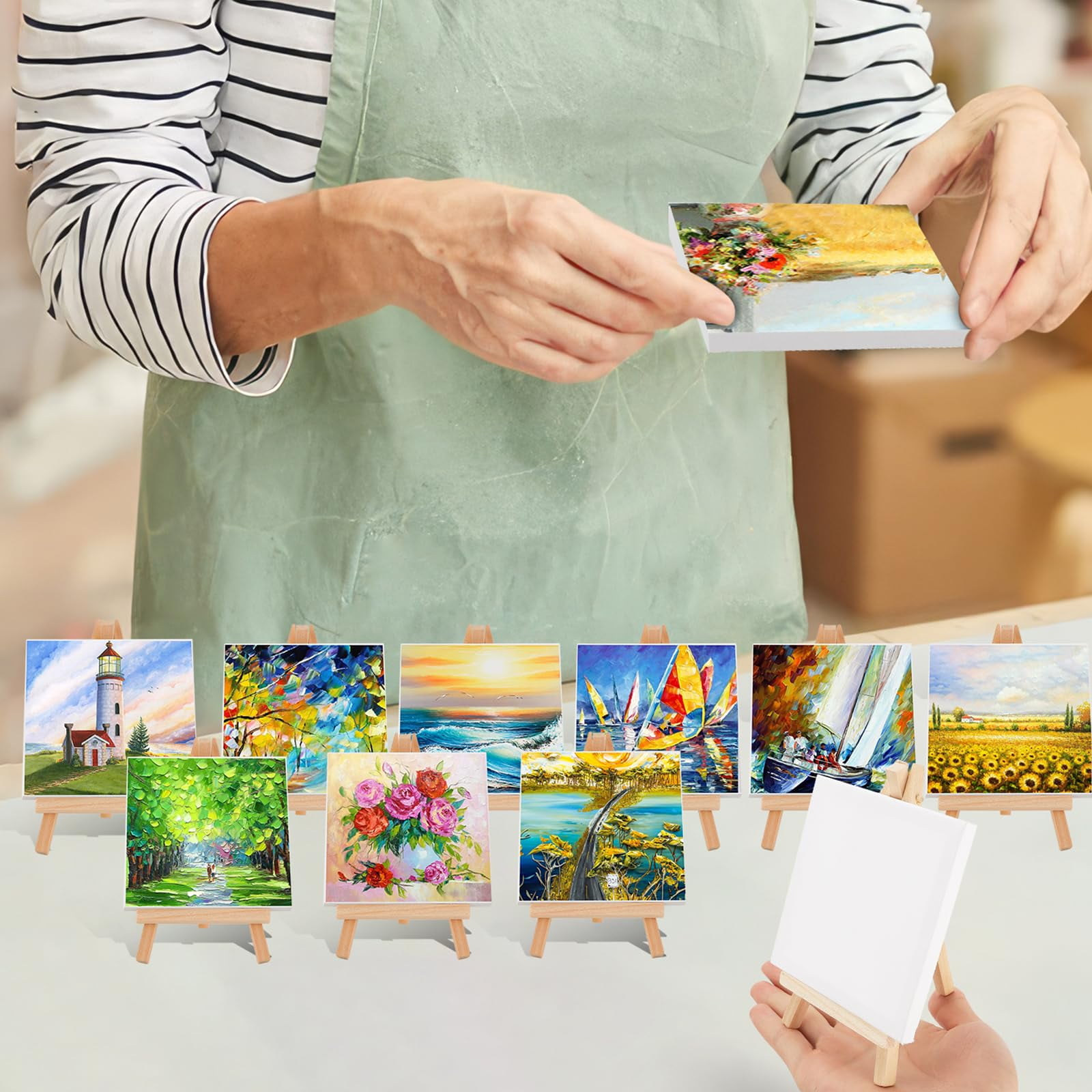 DIYMAG 20 Pack Mini Stretched Canvas with Wooden Easel, 4x4 Inch Art Primed Canvases for Kids Painting with Easel, Acrylic Pouring, Oil Paint & Wet Art Media