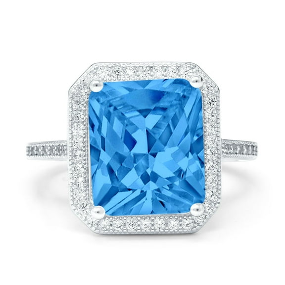 Halo Emerald Cut Engagement Ring Simulated Blue Topaz CZ 925 Sterling Silver Size 5