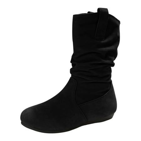 

Ediodpoh Ladies Fashion Solid Colour Simple Round Toe Suede Flat Bottom Sleeve Mid Calf Boots Women Boots Black 6.5