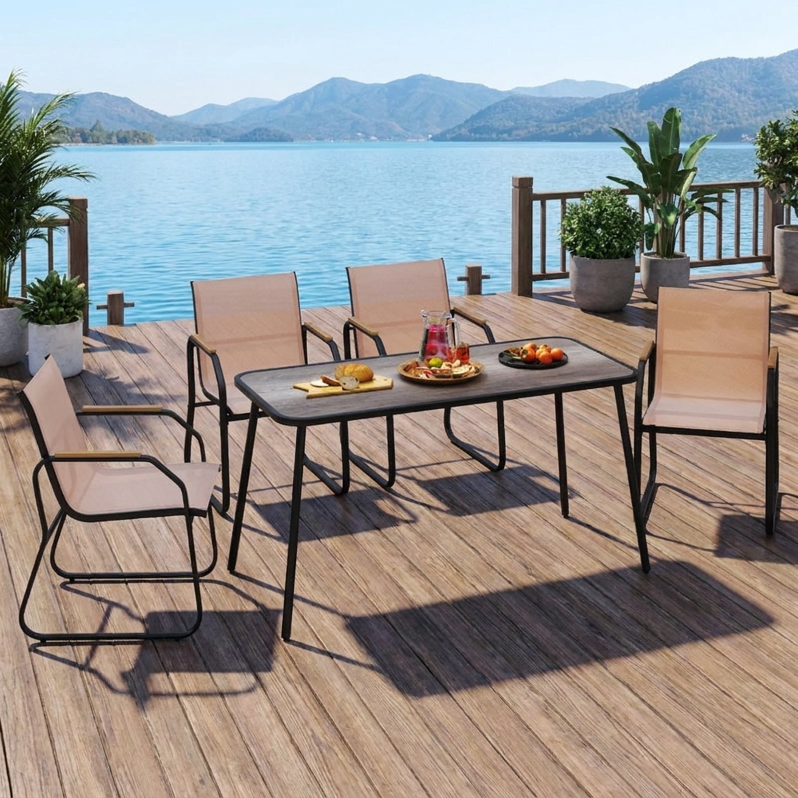 Furnibear 5 Pieces Patio Dining Set with 55 Inch Rectangular DPC Wood Grain Table 4 Breathable Fabric Sling Chairs and Reinforced Metal Frame for Backyard Garden Deck, Brown