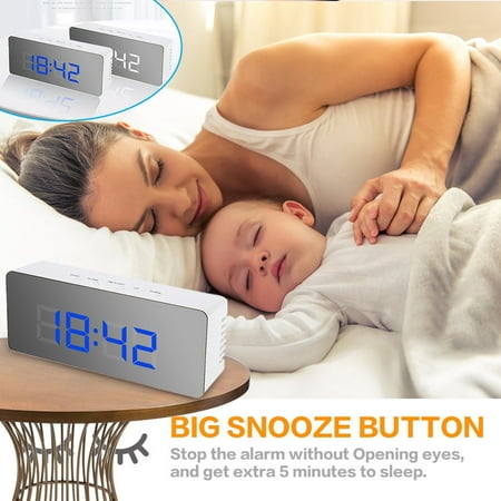 Ohmyroo Mirror LED Alarm Clock with Temperature, Snooze, Auto Brightness and Dual Power, 5.51-Inch