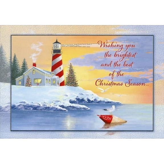 Red Farm Studios Brightest and Best: Red and White Lighthouse on Snow Covered Shore Box of 15 Coastal Christmas Cards