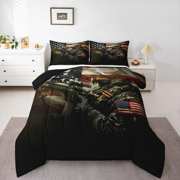 Manfei American Eagle Bedding Comforter Set,American Flag Camo Twin Comforter Sets,Modern Military Themed Bedding Set For Boys Teens,Luxury Bedroom Decor Reversible,2-Piece