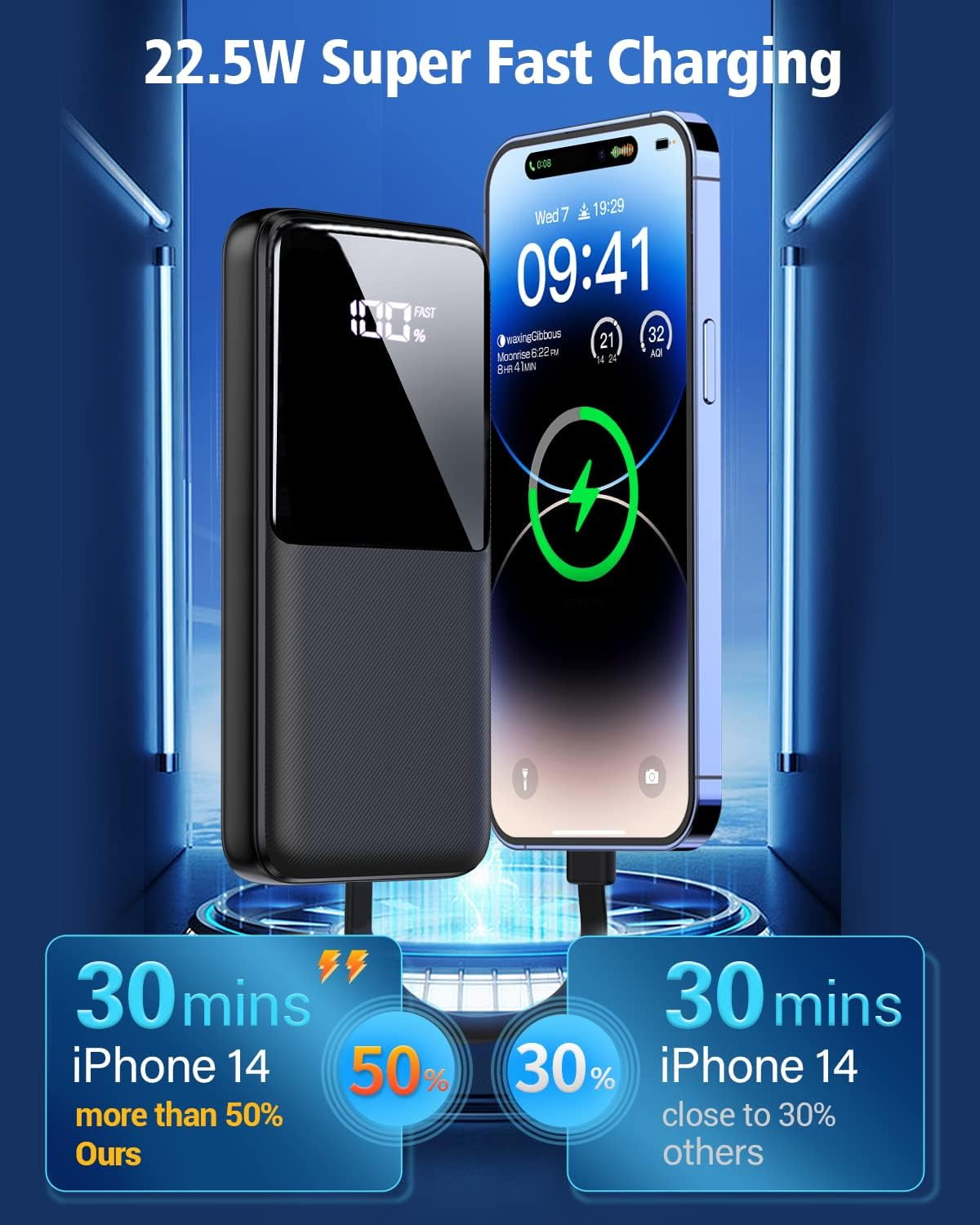 Portable Charger w/ Built-in Cables 15000mAh, Fast Power Bank