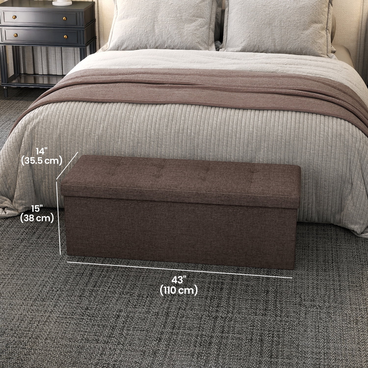 LEDREM 43" Foldable Storage Ottoman Bench with 660lb Capacity, Ottoman with Storage, Footrest, for Living Room, Bedroom, Brown