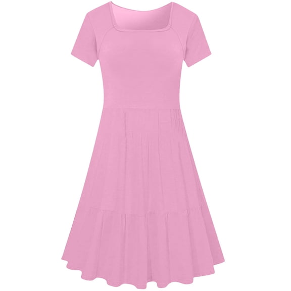 Admvng Women's Plus Size Dress Solid Square Neck Short Sleeve Tiered Casual Comfortable All Occasion Wear