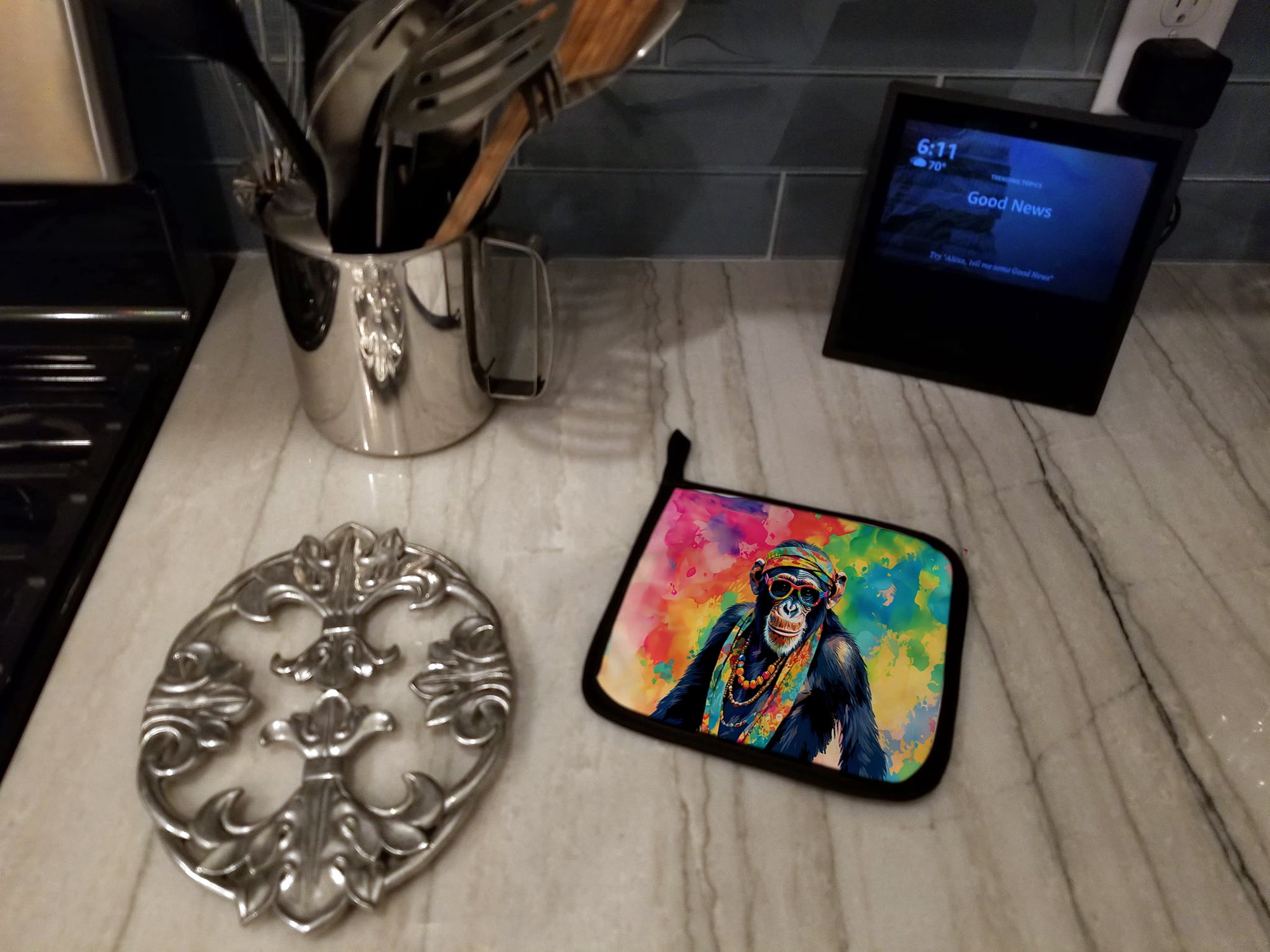 Hippie Animal Chimpanzee Pair of Pot Holders 7.5 in x 7.5 in