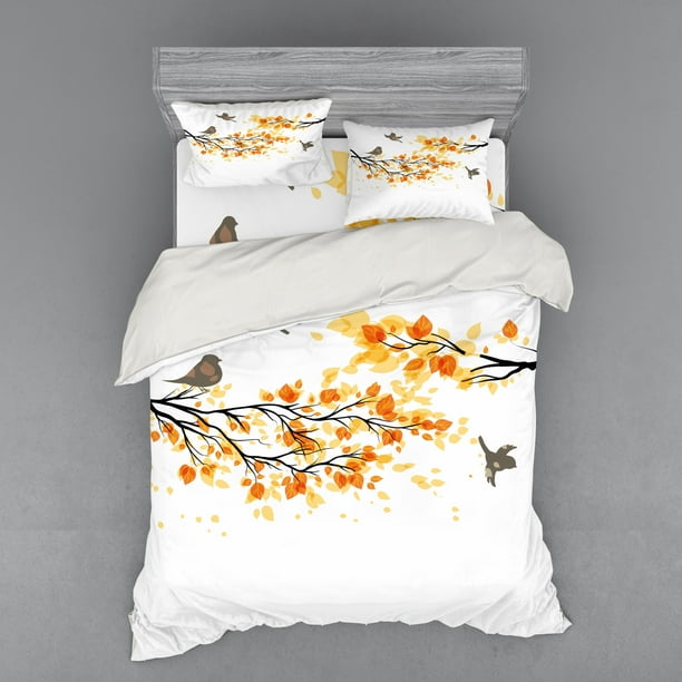 Fall Duvet Cover Set, Branch Pale Autumn Leaves and Birds Natural ...