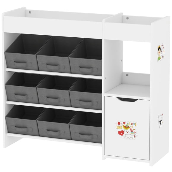 Qaba 4-Tier Toy Storage Organizer with 9 Fabric Boxes and Cabinet, White MDF & Steel Shelving Unit for Nursery, Playroom or Bedroom, 36.2"L x 31.5"H Multi-Functional Storage