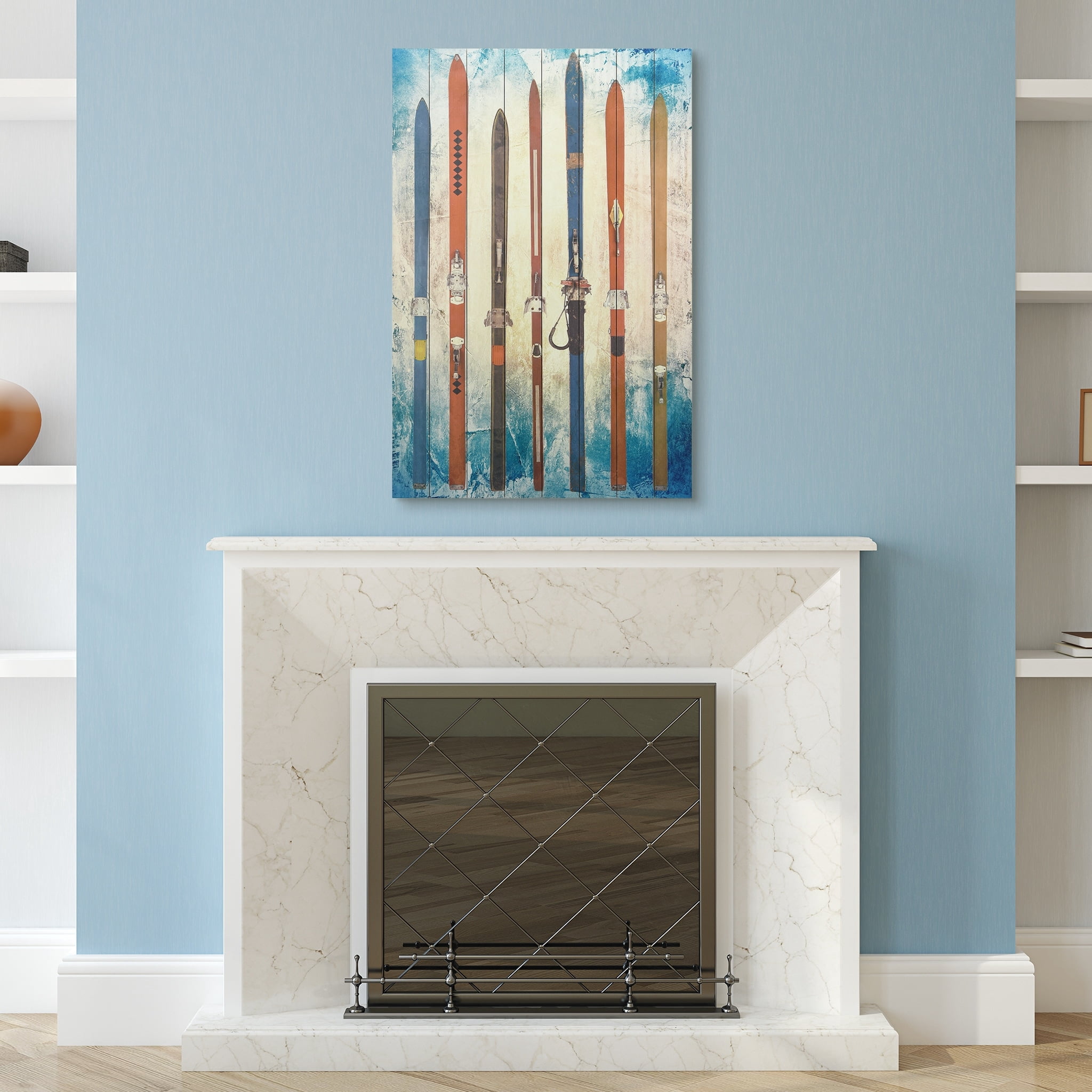 Empire Art Direct Colorful Retro Skis Wall Art Printed on Solid Fir Wood Planks White 30 x 45