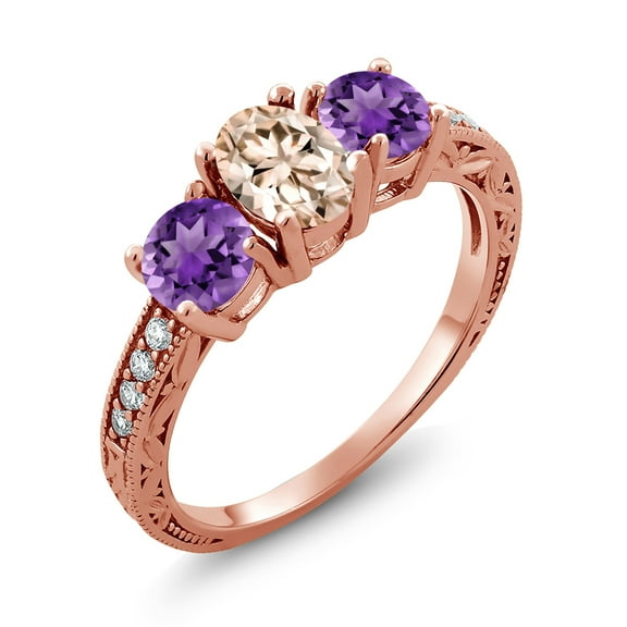 Gem Stone King 1.72 Ct Oval Peach Morganite Purple Amethyst 18K Rose Gold Plated Silver Moissanite Ring (Size 9)