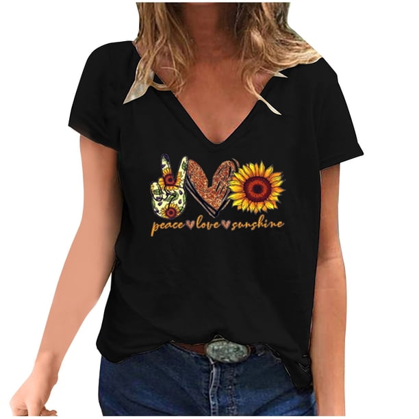 Gibobby Casual Playera de Manga Corta para Mujer Camiseta suelta informal con cuello en V para mujer, blusa manga corta con estampado(Negro,CH)
