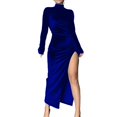 thumbnail image 2 of Women'S Long Sleeve Side Ruched High Slit Maxi Dress Mock Neck Velvet Bodycon Party Club Thigh Split Long Dress Blue S, 2 of 7