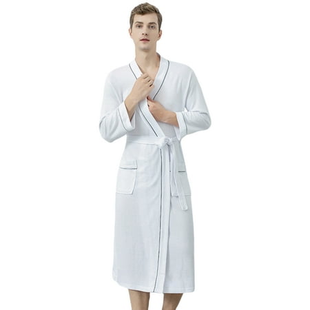 

Mens Lightweight Robes Long Sleeves Turkish Waffle Plaid Kimono Spa Bathrobe Knee Length With Pockets Soft Knit Shower Bathrobe Sleepwear V-Neck Couples Loungewear S-L White