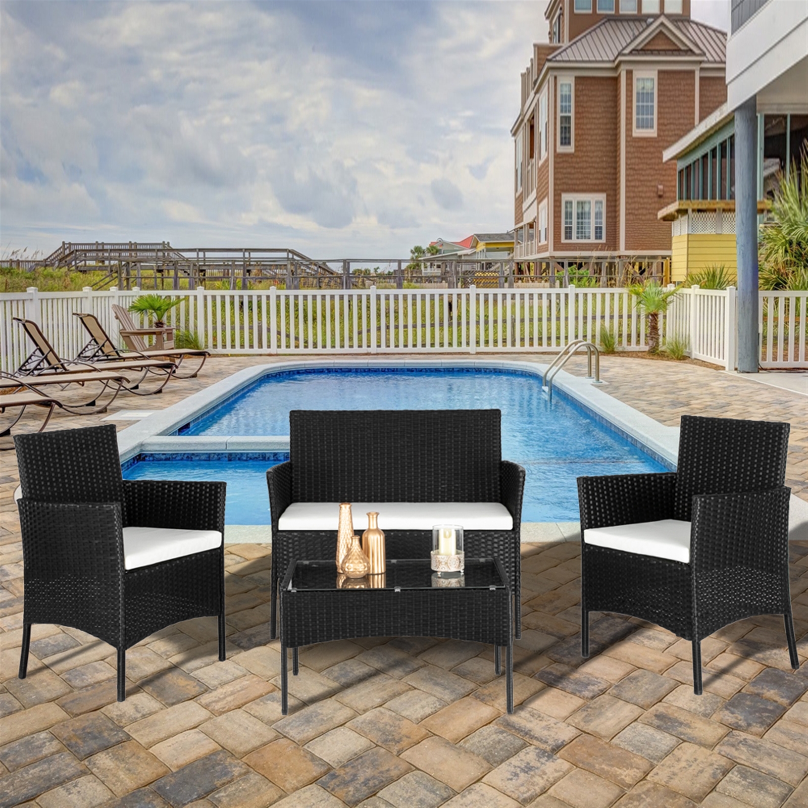 Outdoor Patio Set, iRerts Modern 4 Pieces Front Porch Furniture Sets, Rattan Wicker Patio Furniture Set with Beige Cushion, Table, Patio Conversation Set for Backyard Garden Poolside, Black, R2942 - image 2 of 8