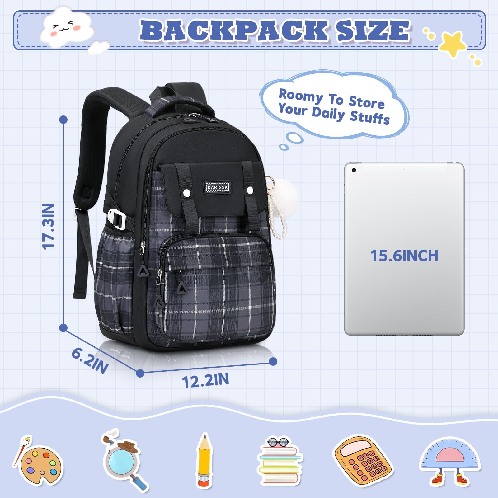 Soda Candy Girls Backpack Ideal Elementary Middle School Backpacks for Kids Cute Kawaii Large Capacity Bookbag with Reflective Strip, Black