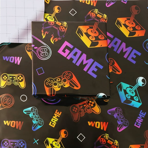 Video Gaming Birthday Gift Wrapping Paper for Boys Kids Girls Men 3 Large Wrap Paper Sheet with Cut Line for Game Lover 27*39inch