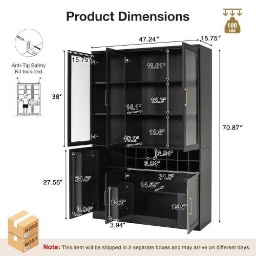 70.87" Tall Wine Bar Cabinet with Glass Doors, Modern Liquor Cabinet with Removable 14-Bottle Wine Rack & Built-in Door Shelves, High-Capacity Home Bar Storage Cabinet, Black