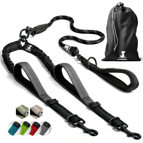 Correa doble para perros SparklyPets, cuerda elástica para 2 perros, color negro