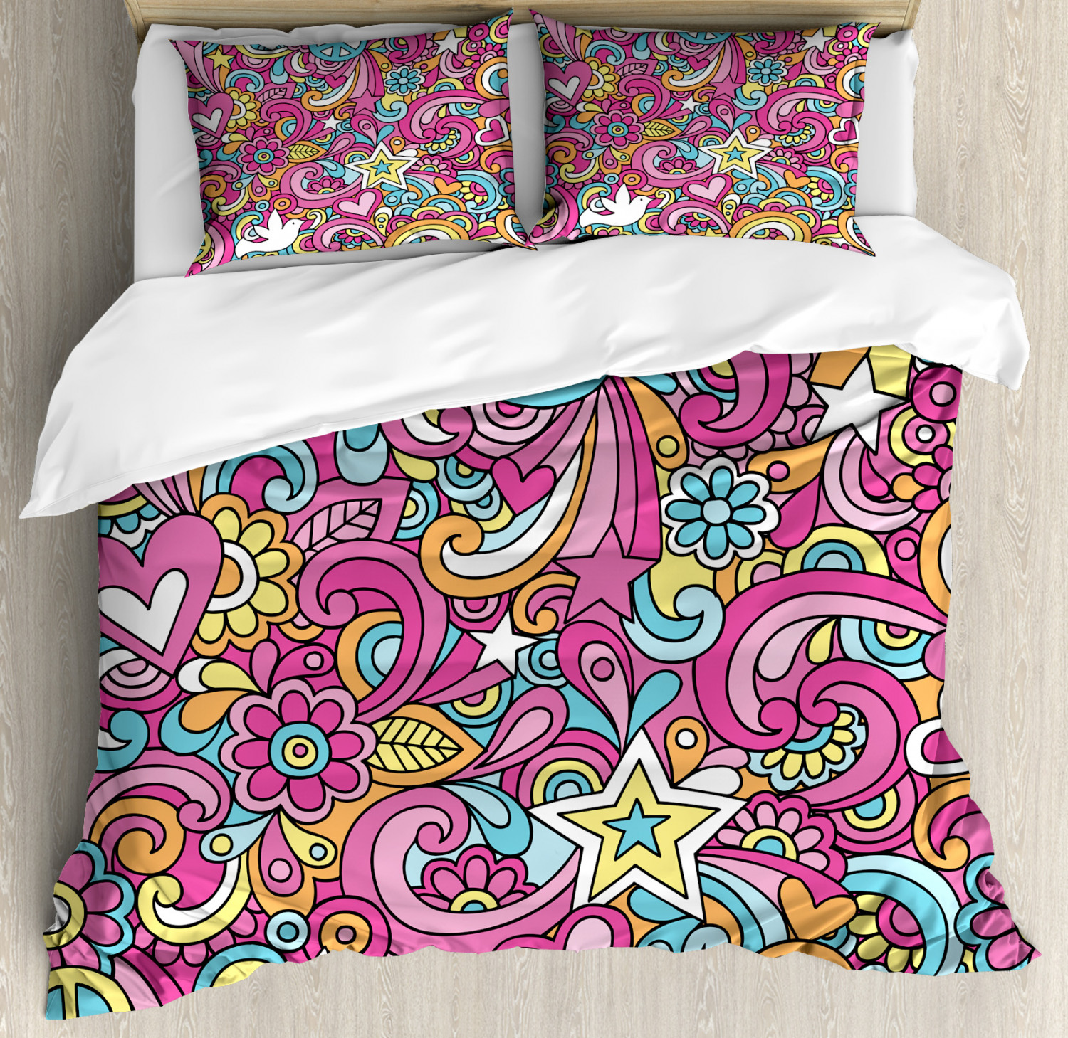 Groovy Duvet Cover Set, Psychedelic Complex Funky Pastel Patterns with Stars Back to 60s Style