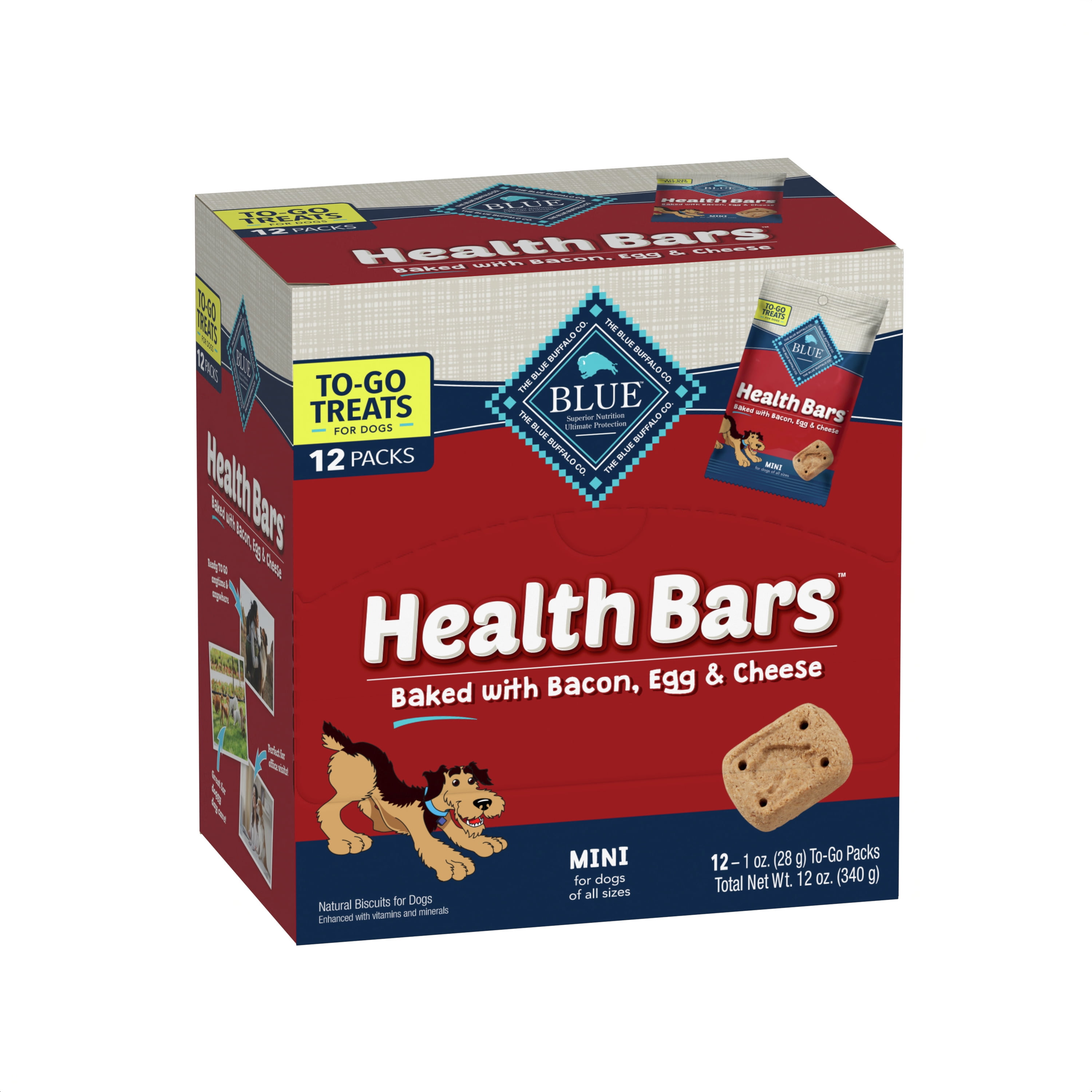 Blue Buffalo Health Bars Natural Crunchy Dog Treats TO-GO, Mini Biscuits, Bacon, Egg & Cheese 1-oz Bags (Pack of 12)