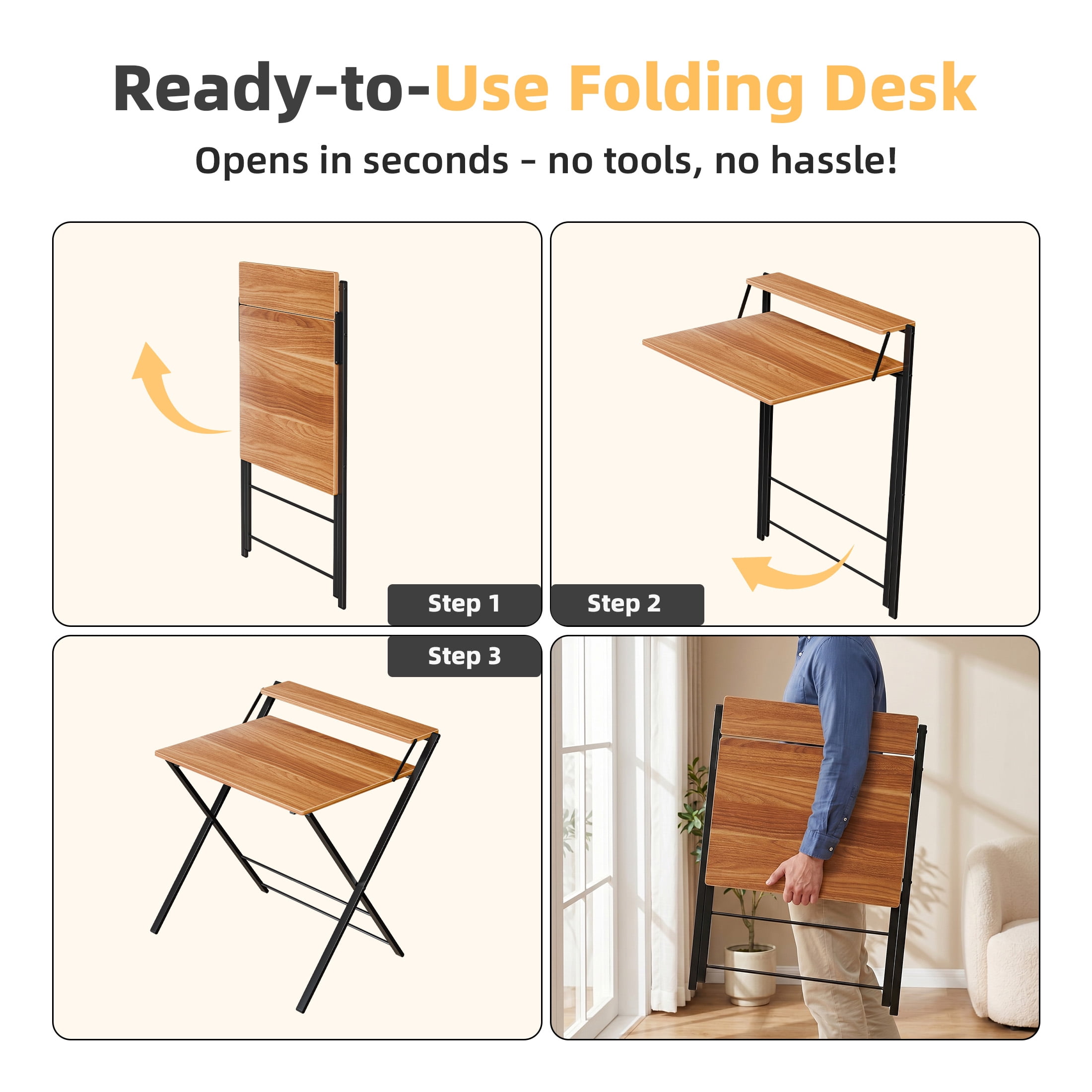 EDX Small Folding Desk with Shelf, No Assembly 2-Tier Compact Computer Table, Portable Study Workspace for Bedroom, Home Office, Brown