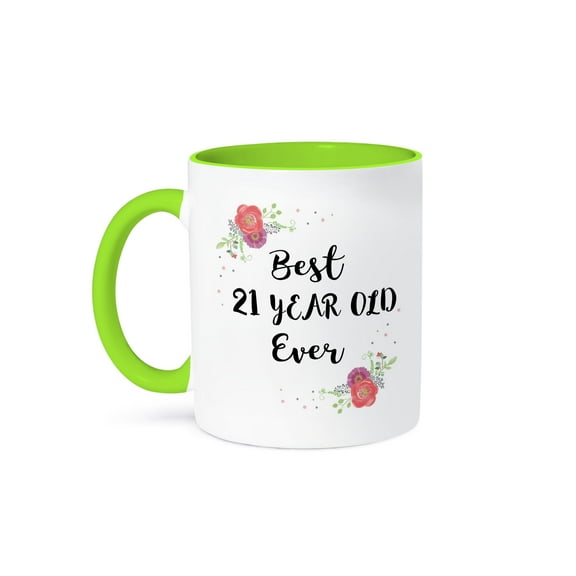 3drose, Floral Best 21 Year Old Ever Pink Flowers Cute 21st Birthday Girl Gift, 11oz Two-tone Green Mug