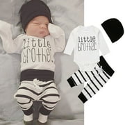 Cute Little Brother Infant Baby Boy Top Romper Pants Beanie Hat Outfit Clothes Set