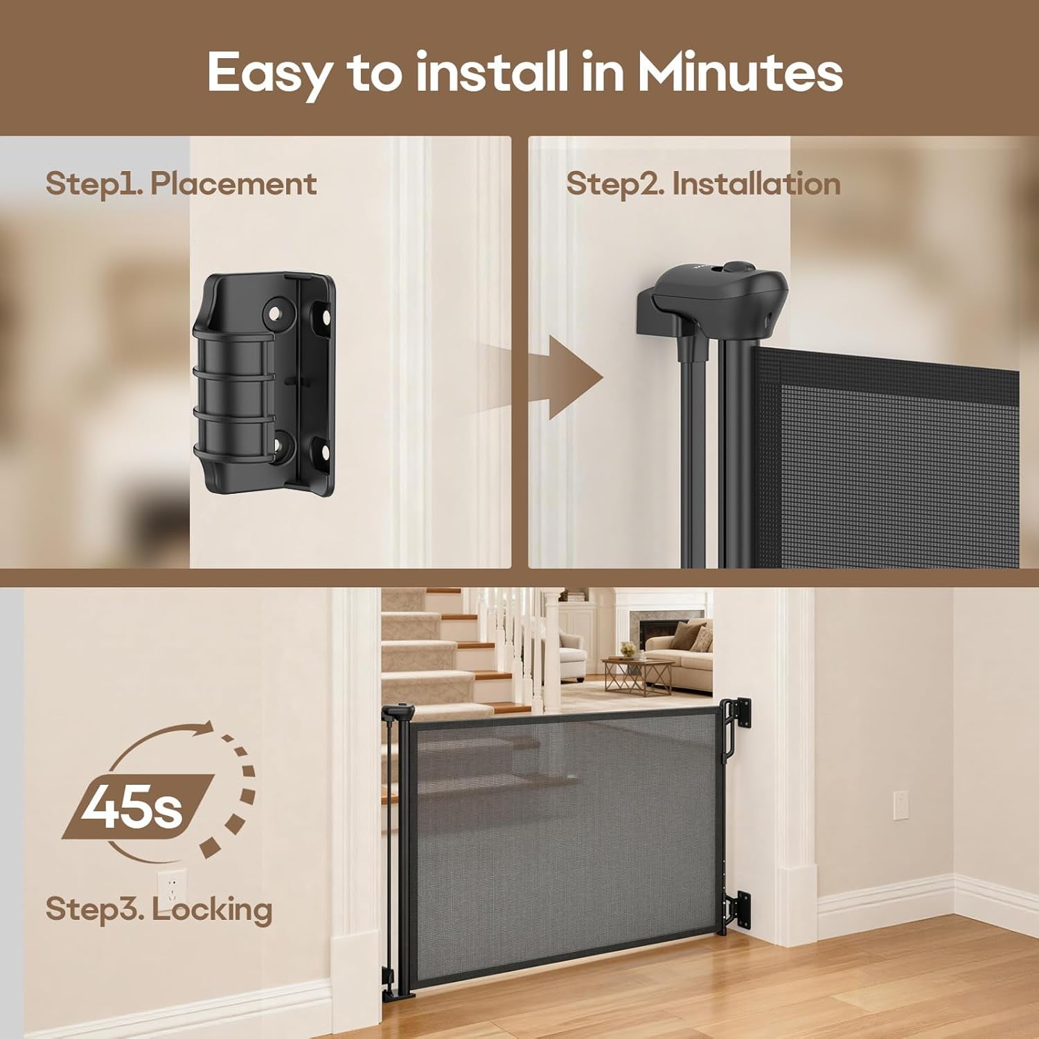 Retractable Safety Baby Gate or Mesh Dog Gate,Durable Portable Mesh Retractable Gate,Easy to Use for Stairs, Doorways, Hallways, Indoor, Outdoor, 33.5" Tall, Up to 55" Wide, Cream