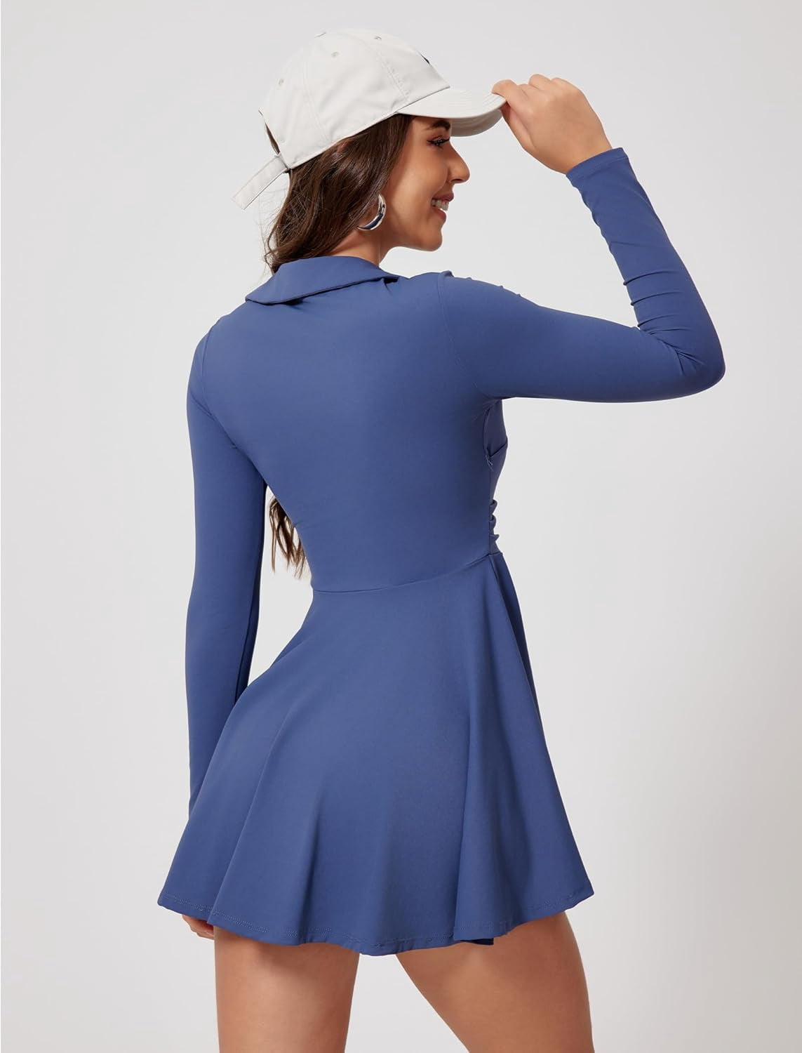 PISONIC Womens Tennis Dress Polo Collar Long Sleeve A-line Mini Exercise Athletic Dresses with Pockets Shorts