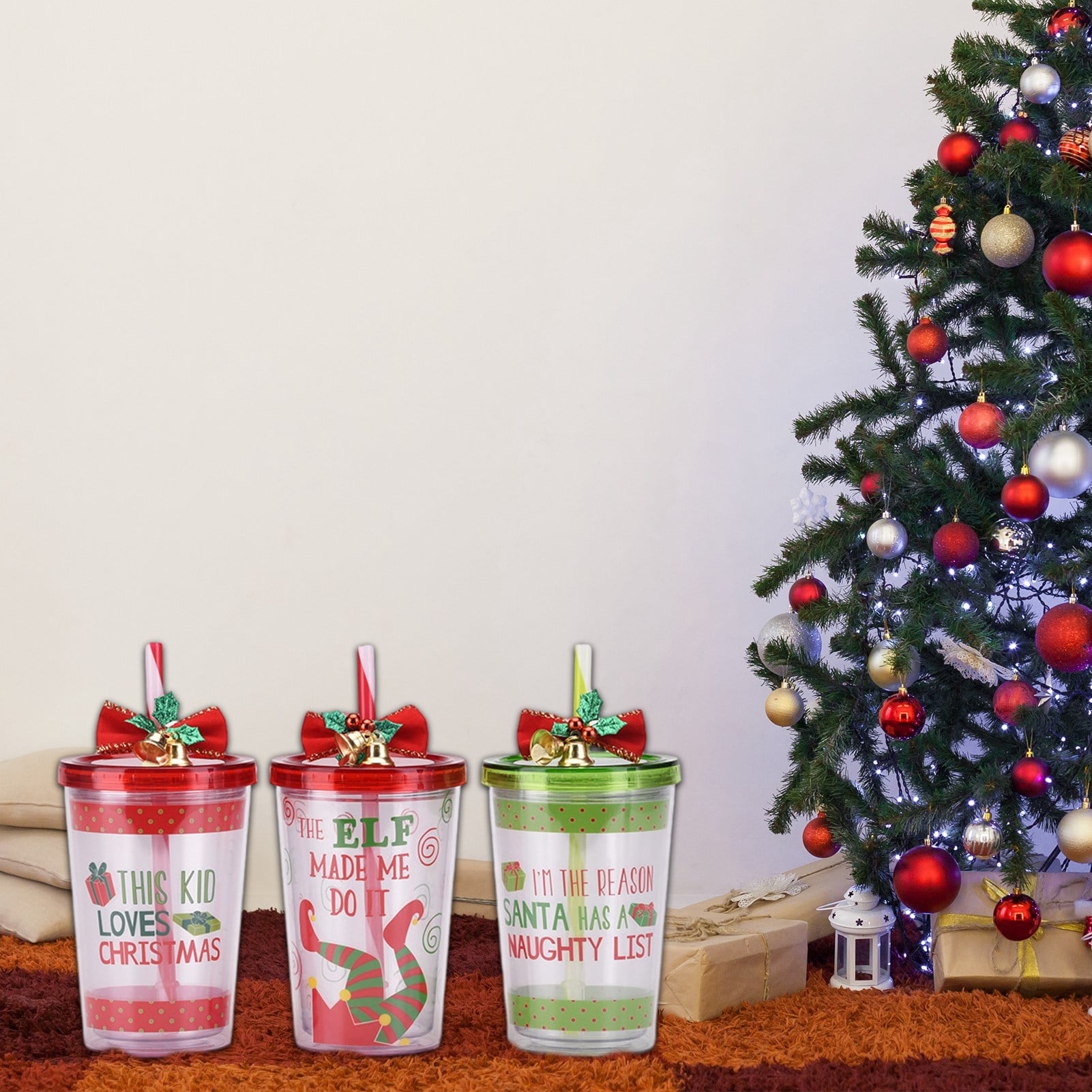 DraggmePartty Christmas Straw Cups Kid'S Christmas Drinking Tumbler Cups  With Straw And Lid Double Wall Leakproof Clear Tumbler 