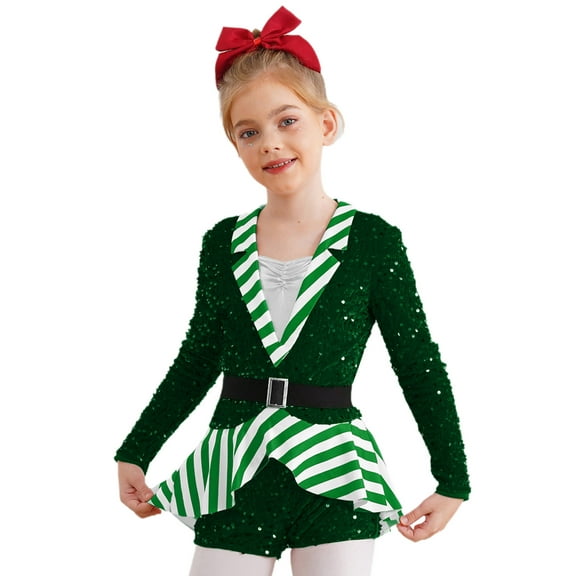 TSSOE Kids Girls Christmas Dance Unitard Dress Long Sleeve Sequined Figure Skating Leotard Ballet Gymnastics Bodysuit Green 12