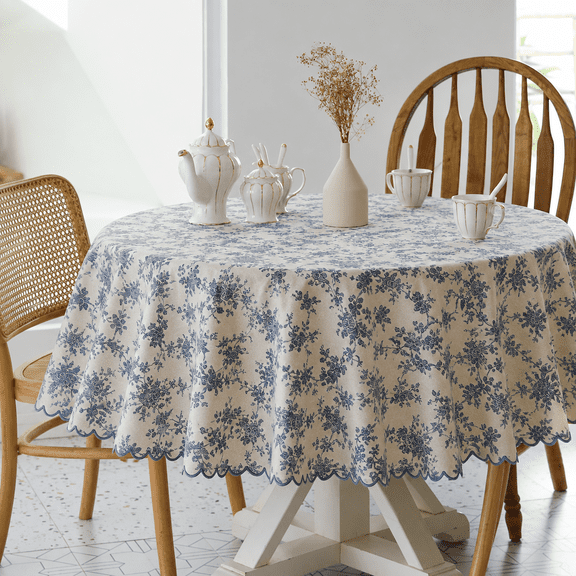 Verolix 60 inch Round Tablecloth, Featuring Blue Floral Botanical Pattern, Made from Polyester Fabric for Dining Kitchen Home Decor
