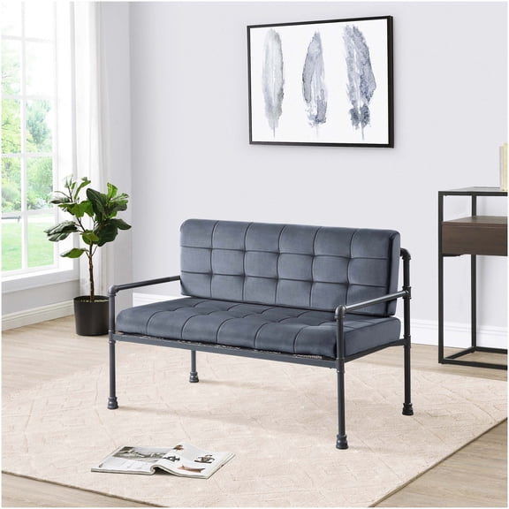Grey and Sandy Grey Loveseat with Loose Back Cushions, Industrial Style Small Sofa for Living Room