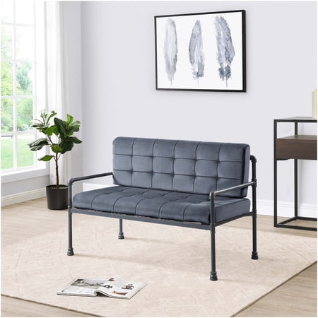 Grey and Sandy Grey Loveseat with Loose Back Cushions, Industrial Style Small Sofa for Living Room