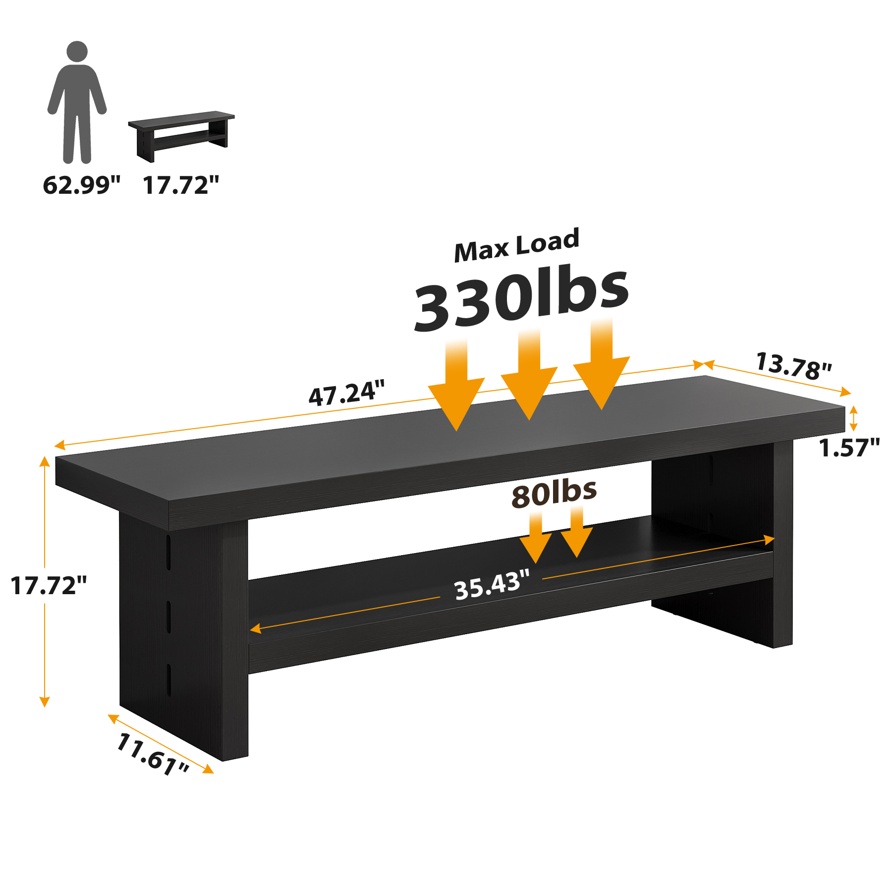 Condemo 2 Tier Entryway Bench, 47.24" Shoe Bench, Rustic Shoe Rack, Wooden Storage Bench for Entryway Hallway Living Room Bedroom, Easy Assembly, Black