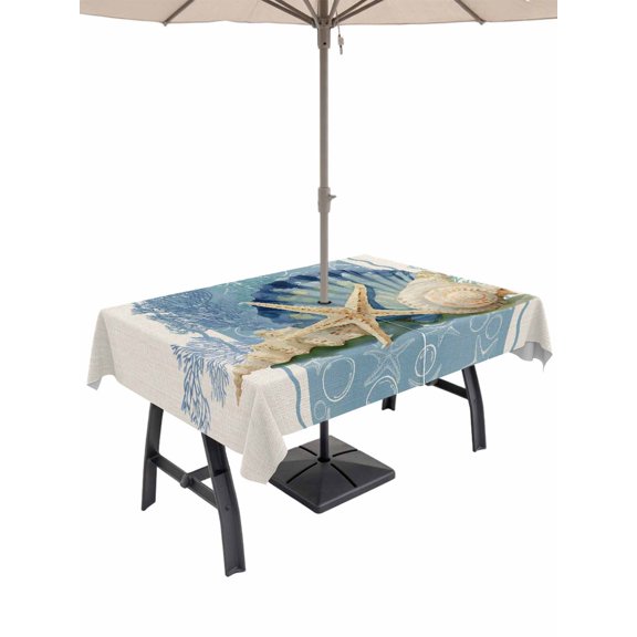 Outdoor Tablecloth with Umbrella Hole for Patio/Picnic/Party/Camping, Blue Coastal Starfish Waterproof Table Cloth Rectangle Table Cover Washable, Vintage Beige Nautical Coral Summer (54"x 80")