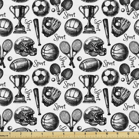 Ambesonne Sport Fabric by the Yard Upholstery, Monochrome Baseball Glove, 3 Yards, Black White