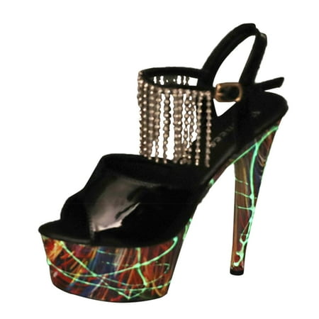 

Vedolay Tassel Fluorescent Luminous Leather High Heels Thin Heels High Heels Platform Sandals Clog Sandals for Women Size 11(Black 7)
