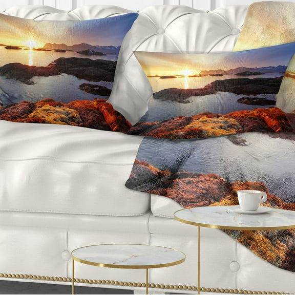 Designart Ocean Coast Nice Sunset in Norway - Seashore Throw Pillow - 12x20