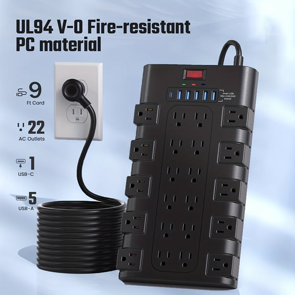 Extension Cord 5/7/13ft, Surge Protector Power Strip with 6 USB Ports & 22 AC Outlets, 2100 Joules, Flat Plug, Wall Mount, Overload Protection, for Home/Office/Gaming