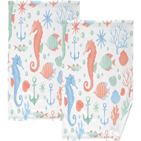 SKYSONIC 2PCS Cotton Towel Set,Quick Drying Washcloths,Soft and Breathable Bath Towel Hand Towels for Kitchen Bathroom Gym Beach-Corals Seahorses Seashells
