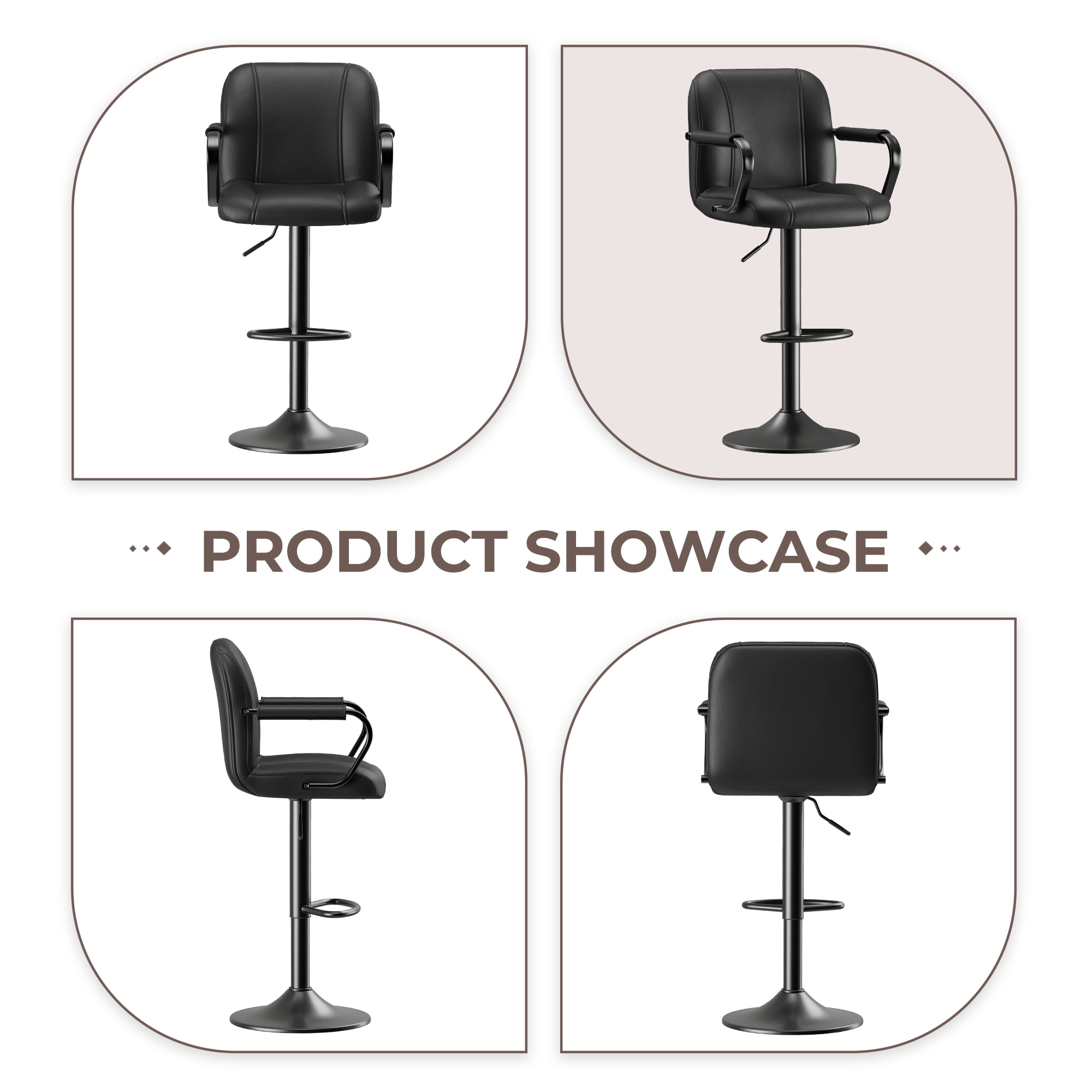 AFO Modern PU Leather Bar Stool with Backrest and Armrests, Height Adjustable 360° Swivel Counter Chair, Black
