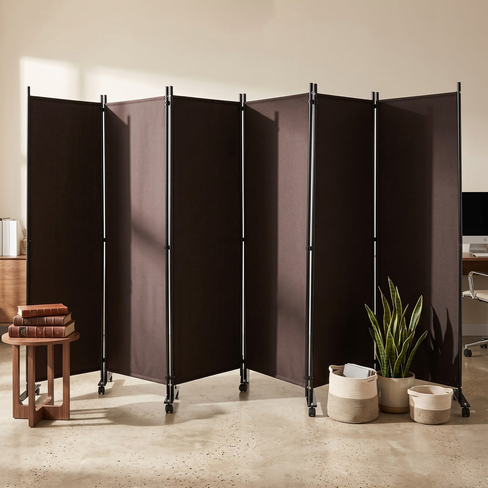 ALPULON 6 Panel Rolling Room Divider on Wheels, 5.7 Feet Tall Freestanding Folding Privacy Screen, Woven Fabric Partition for Home Office Bedroom Dormitory, Walnut