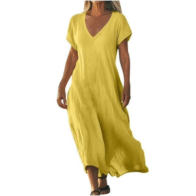 Admvng Robes pour Femmes Grande Taille Couleur Unie Col en V Coton Lin Manches Courtes Longue Robe P-5TG