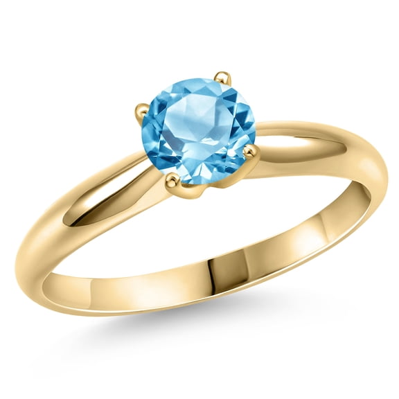 Gem Stone King 14K Yellow Gold Swiss Blue Topaz Engagement Ring for Women | 1.20 Cttw | Round 6.5MM | Gemstone November Birthstone | Size 5